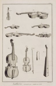 Placa XI: Instrumentos tocados com um arco, da Enciclopédia de Denis Diderot (1713-84) e Jean le Rond d&39;Alembert (1717-83), 1751-1772